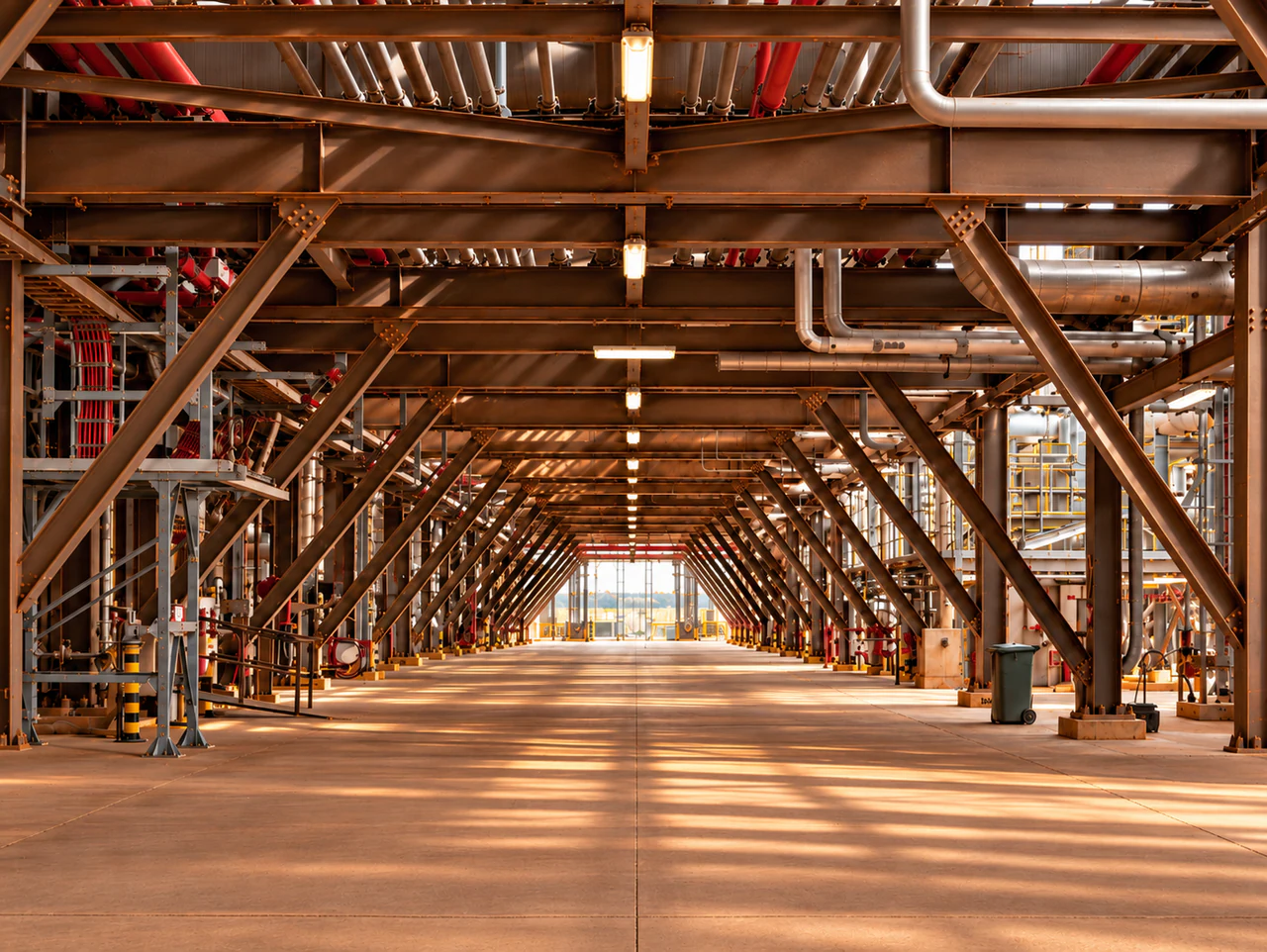A long walkway under the steel pipe racks of an industrial plant, striped with low sunlight.